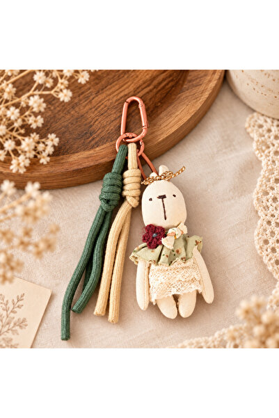 Kumru Studio Burgundy Floral Detailed Lace Rabbit Figured Bag Charm
