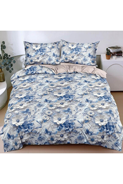 decorami Double bed linen, satin Cotton , classic sheet, 4 pieces, Blue, popcorn
