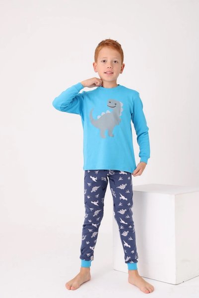 meymers Blue Color Dinosaur Printed Boys' Pajama Set