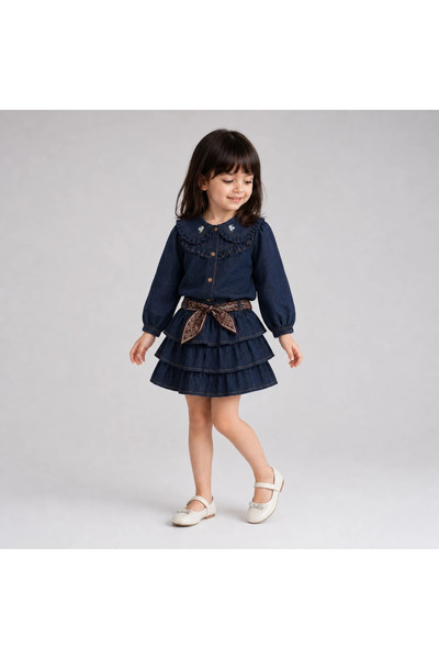 Teeny Weeny Kids Girl's Floral Denim Shirt and Denim Skirt with Scarf Detail Two-Piece Set