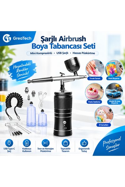 GreaTech Airbrush Boya Tabancası Seti Kompresörlü Tırnak Sanatı, Hobi Boyama, Pasta Süs, Nemlendirici Sprey