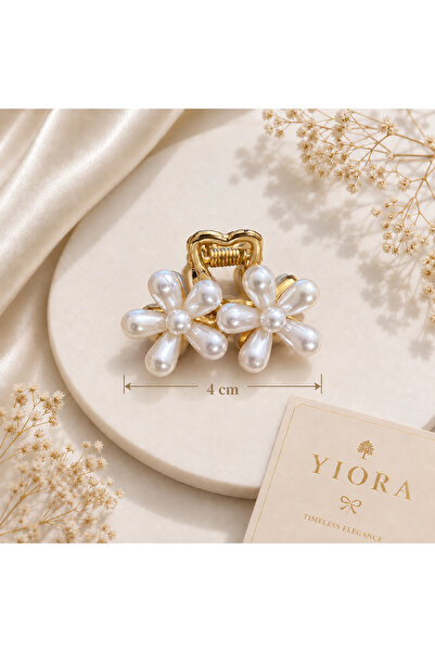 yiora İthal Premium Seri İncili Çift Çiçekli Mini Metal Mandal Saç Tokası 4 c...