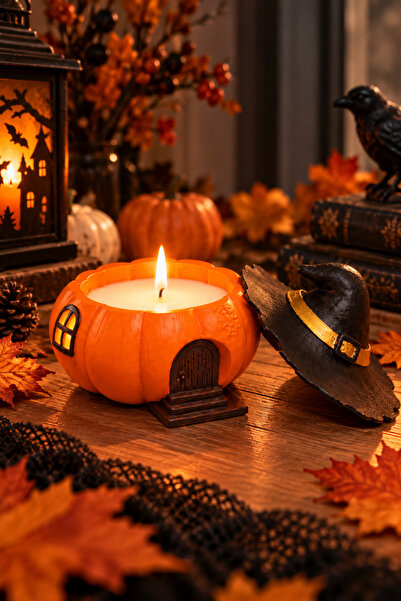Halloween Balkabağı Cadı Şapkası Kapaklı Dekoratif Mum