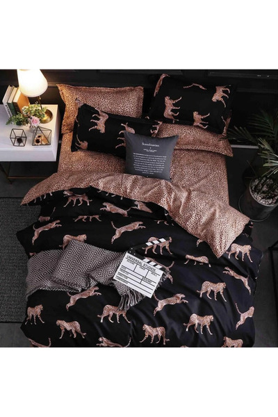 decorami Double bed linen, satin Cotton , classic sheet, 4 pieces, Black, leo...