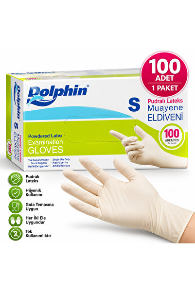 Dolphin قفازات فحص من اللاتكس المسحوق للاستخدام مرة واحدة مقاس S