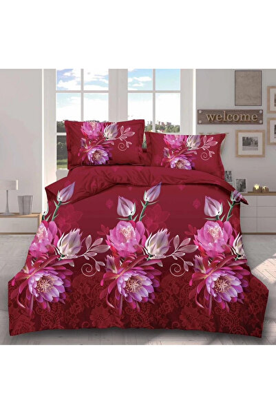 decorami Lenjerie pat dublu, cearsaf clasic, imprimeu 3D, Visiniu, flori