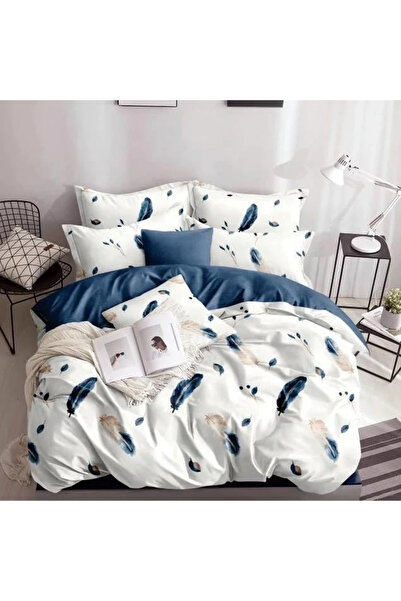 decorami Double bed linen, satin Cotton , classic sheet, 4 pieces, Blue, feat...