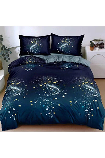 decorami Lenjerie pat dublu, bumbac satinat, cearsaf clasic, 4 piese, Albastr...