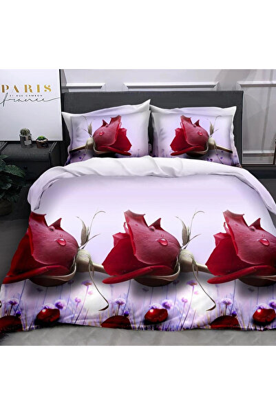 decorami Double bed linen, classic sheet, 3D print, Red, roses