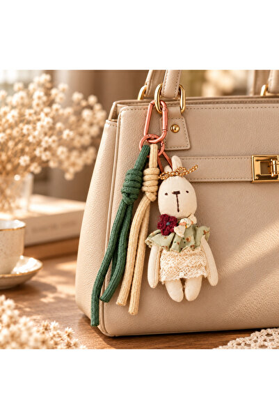 Kumru Studio Burgundy Floral Detailed Lace Rabbit Figured Bag Charm