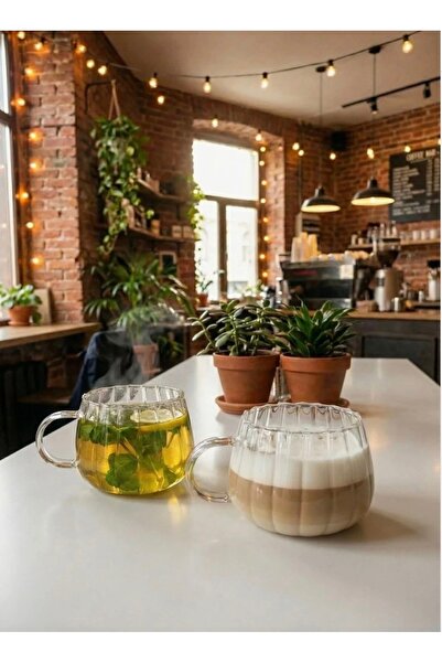 Hvc ticaret 4 Adet Cam Latte Kupası Çay Kahve Kupa Seti 400 ml