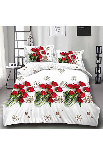 decorami Double bed linen, classic sheet, 3D print, Red, roses
