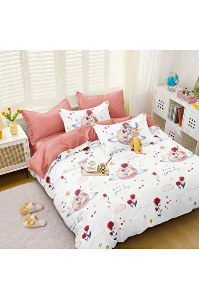 decorami Double bed linen, satin Cotton , classic sheet, 4 pieces, White, Pin...
