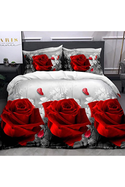 decorami Double bed linen, classic sheet, 3D print, Red, roses