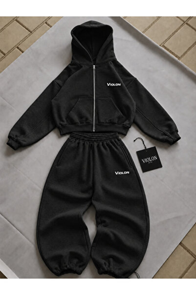 Violon Premium Detailed Baggy Unisex Tracksuit Set Black
