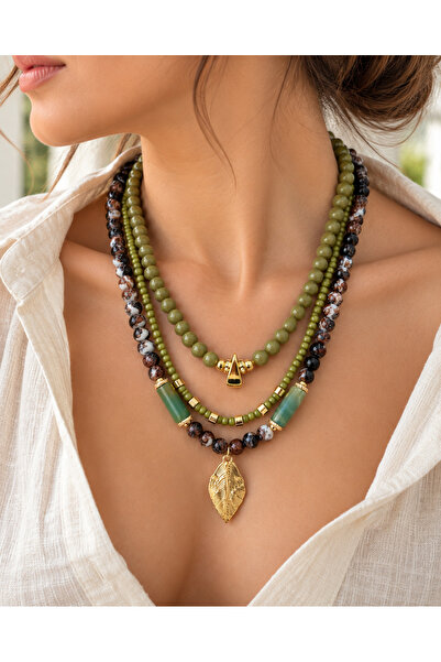 POYASE Women's Green Multi-Row Bead Necklace with Gold Leaf End and Stone Det...
