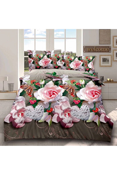 decorami Lenjerie pat dublu, cearsaf clasic, imprimeu 3D, Grej-Roz, flori, fl...