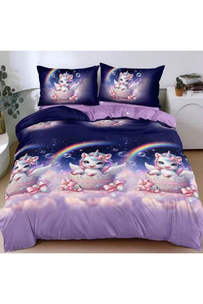 decorami Double bed linen, satin Cotton , classic sheet, 4 pieces, Blue, Purp...
