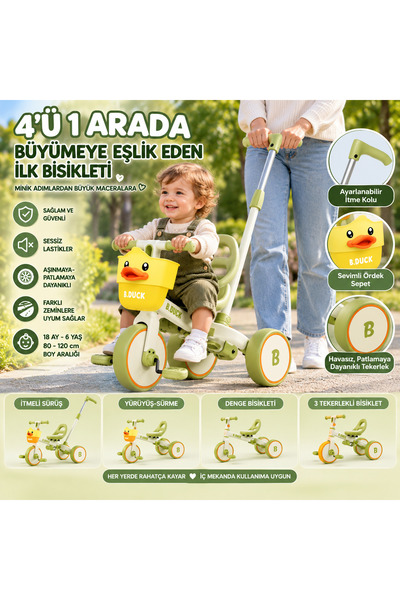 Cici Oyuncak B.Duck 4'ü 1 Arada Çocuk Bisikleti 3 Tekerlekli Ebeveyn Kontroll...