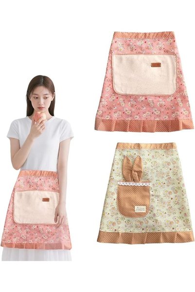 TERRIFI 2 Pcs Women's Half Apron with Pockets Floral Print Vintage Waist Apro...