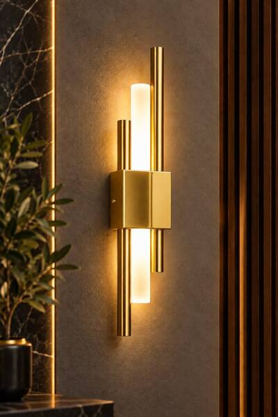 Modern Dekoratif Kutu Gold Pilli ve Elektrikli Duvar Apliği Günışığı