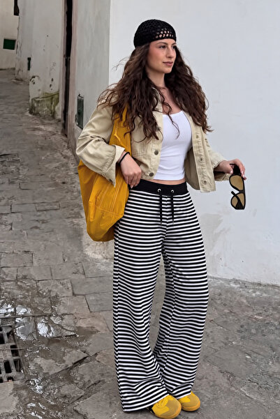 Butik Women's Black Striped Waist-Tie Wide-Leg Trousers Nns032