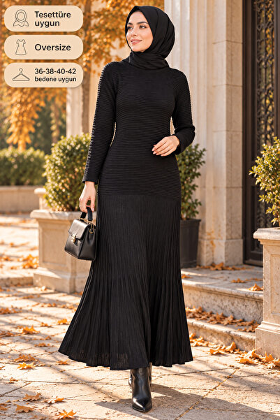 Raben Women's Hijab Ribbed Textured Pleated Long Black Dress