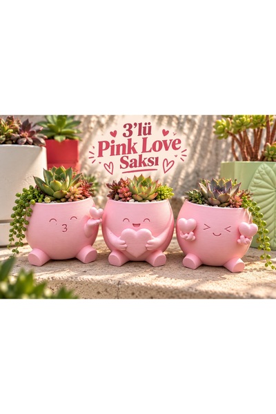 Puglia Studio 3'lü Kalp Detaylı Pembe Dekoratif Saksı Seti