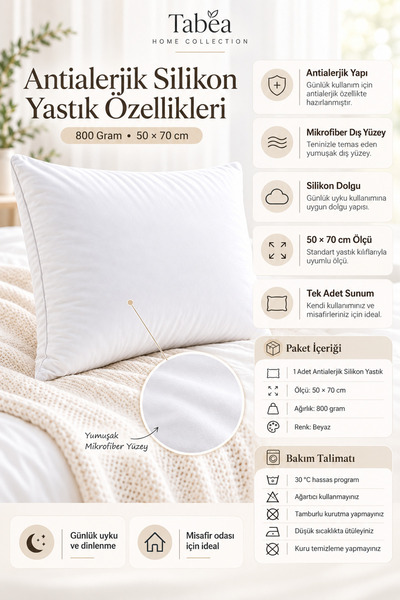 TABEA HOME وسادة سيليكون مضادة للحساسية - 800 جرام، 50 × 70 سم