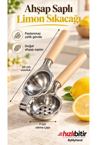 ByMyHand Paslanmaz Çelik Kaplama Ahşap Saplı Limon Sıkacağı Narenciye sıkacağ...