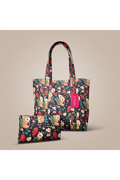 Sincap ve Meşe Palamudu Desenli Tote Çanta ve Pouch Seti