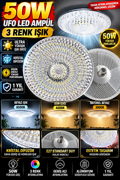 LED PAZARI 50W UFO LED AMPÜL 3 RENK BEYAZ GÜNIŞIĞI NATUREL BEYAZ AÇ KAPA RENK...