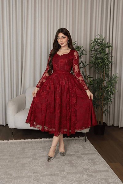 ELORA FASHION Dark Red Lace Midi Dress with a Flared Skirt and Long Sleeves
