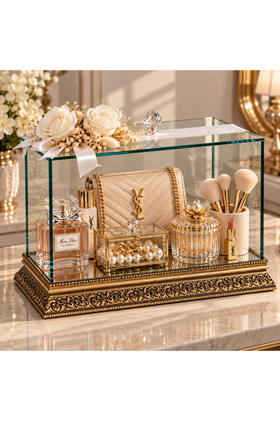 35x20x20 cm Gold İşlemeli Cam Bohça Kutusu – Çiçek Kurdele Süslemeli, Aynalı İç Tabanlı Ahşap Çeyiz Bohça Sergileme Kutusu