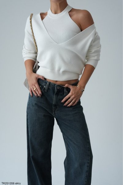 Lupies Women's Cream Double Collar Detailed Knitwear Sweater