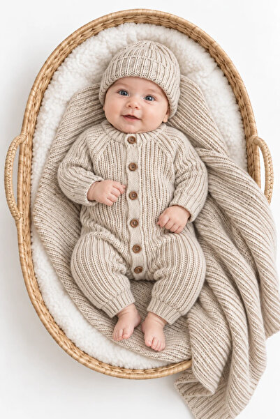 Minytrendy Baby Girl and Boy Knitted Button Detailed Hat and Knitwear Blanket...