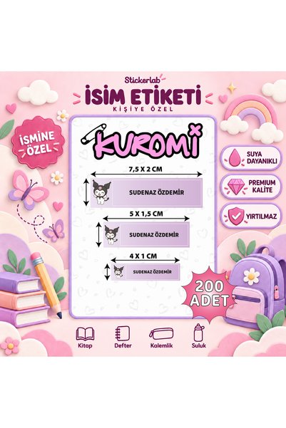 Kişiye Özel Kuromi İsim Etiketi 200 Adet | Suya Dayanıklı Yırtılmaz Okul Etiket Seti | Kitap, Defter, Suluk, Kalemlik