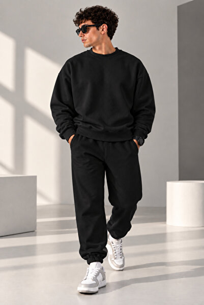 Erkek Oversize Eşofman Takımı, 3 İplik Şardonlu Sweatshirt ve Jogger Pantolon, Günlük Rahat Erkek Spor Takım