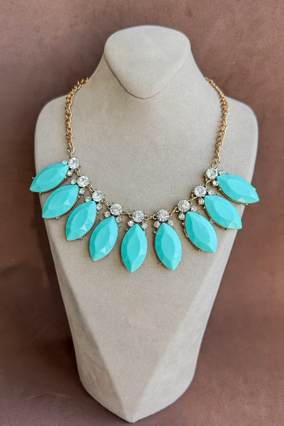 Dore Collection Gold Chain Turquoise Shuttle Stone Transparent Zircon Detaile...