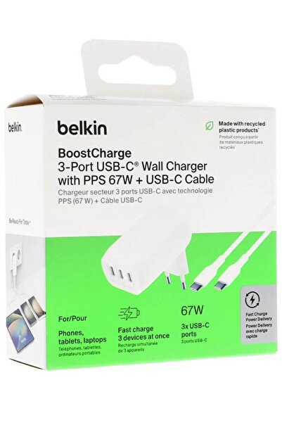 Belkin 67W 3-Port USB-C Wall Charger PPS 20W+20W+25W 100W 5A USB-C Cable