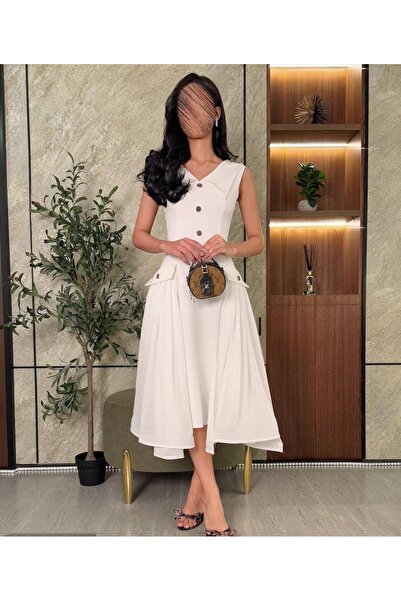ELORA FASHION Off White Midi Dress with Wide Collar and Decorative Buttons