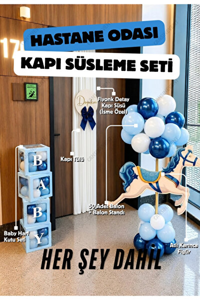 Her Şey Dahil Hastane Odası Kapı Süsleme Seti Tekli Atlı Karınca - Balon Standı, Tül, İsimli Kapı Süsü