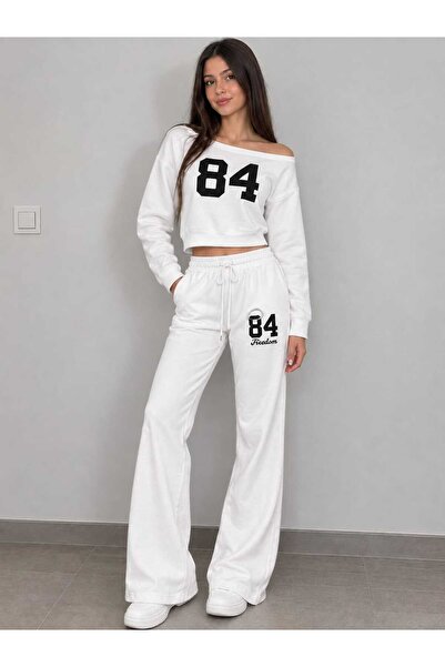 Olira Kadın Beyaz 84 Baskılı Crop Sweatshirt Palazzo Eşofman Takımı