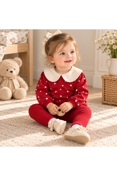 Kids %100 Pamuk Kız Bebek Bebe Yakalı Kalp Baskılı 2'li Takım