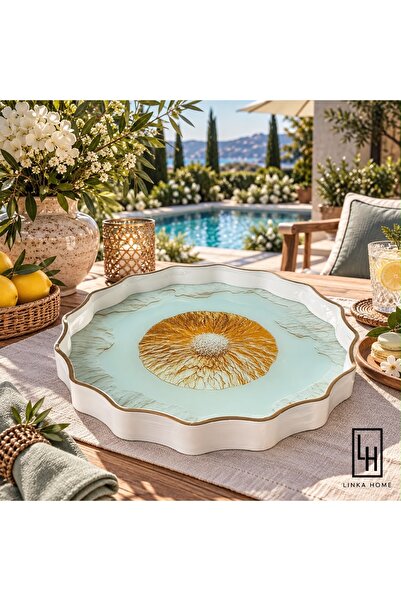 LinkaHome Salita Cam Gold Papatya Desen Çay Kahve Sunum Tepsisi 36CM
