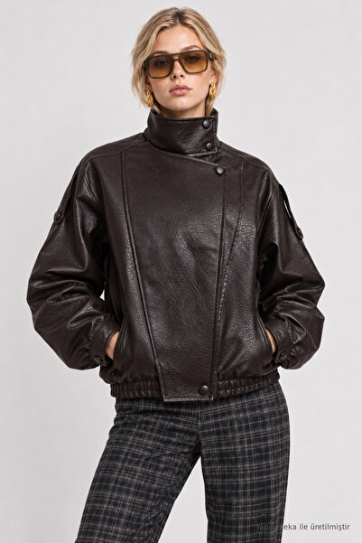 Lovelyİstanbul Suni Deri Biker Ceket LAZ0022 KAHVERENGİ