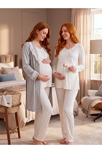 Lohussa New Season Gray Shawl Collar Patterned Breastfeeding Feature 100% Cot...