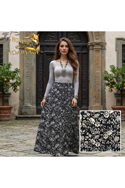 hoaryage Elastic Waist, Vibrant Colored Patterned Viscose Printed Fabric Maxi...