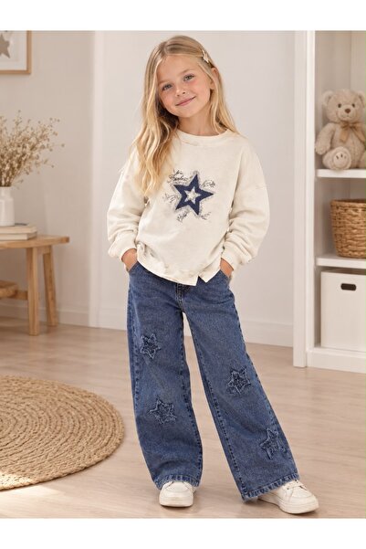 Kız Çocuk Yıldızlı Taşlı İşlemeli Triko & Denim Kombin