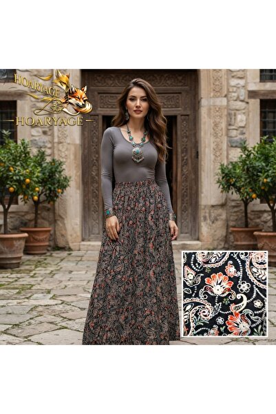hoaryage Elastic Waist, Vibrant Colored Patterned Viscose Printed Fabric Maxi...